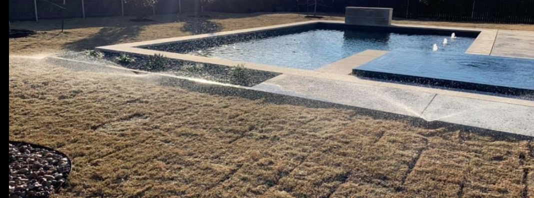 Sprinklers running over newly laid sod beside a rectangular pool with a tanning ledge and wide concrete decking